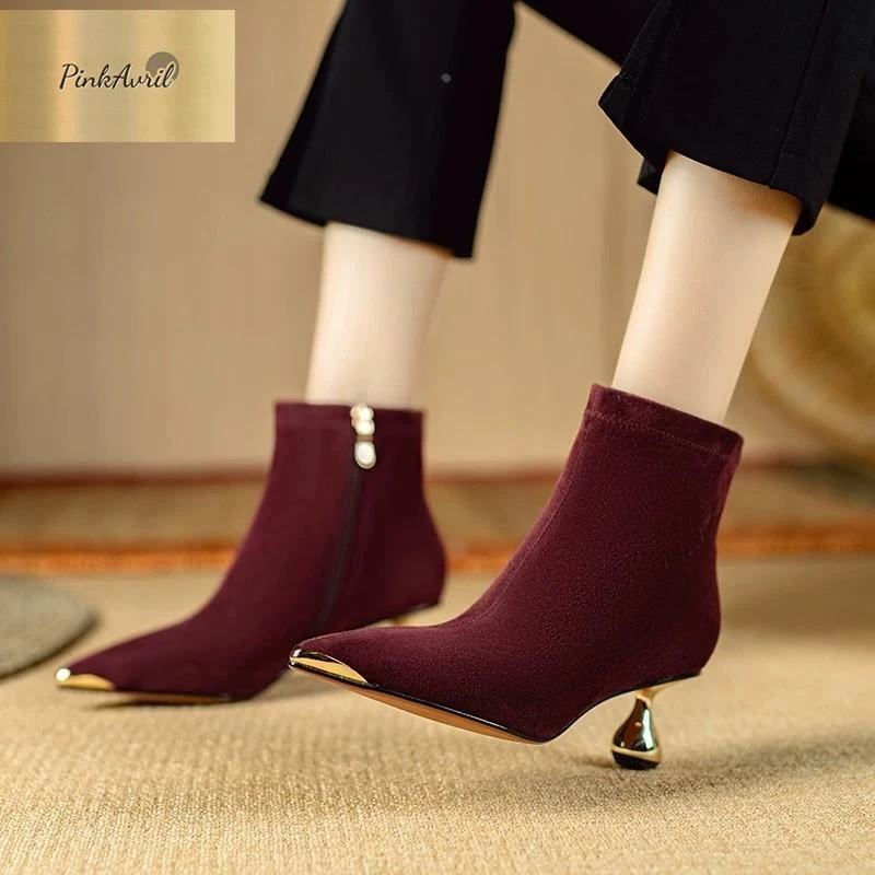 PinkAvril瘦瘦靴女2025秋冬新款低跟弹力袜靴时尚尖头猫跟气质