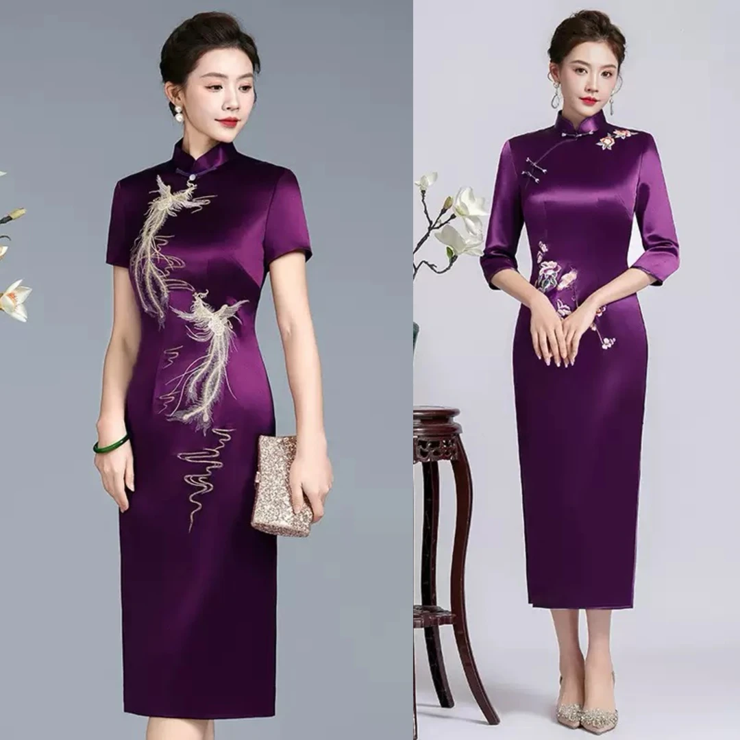 【紫色苏绣集合】进口三醋酸苏绣旗袍喜妈妈婚宴礼服裙气质高贵L