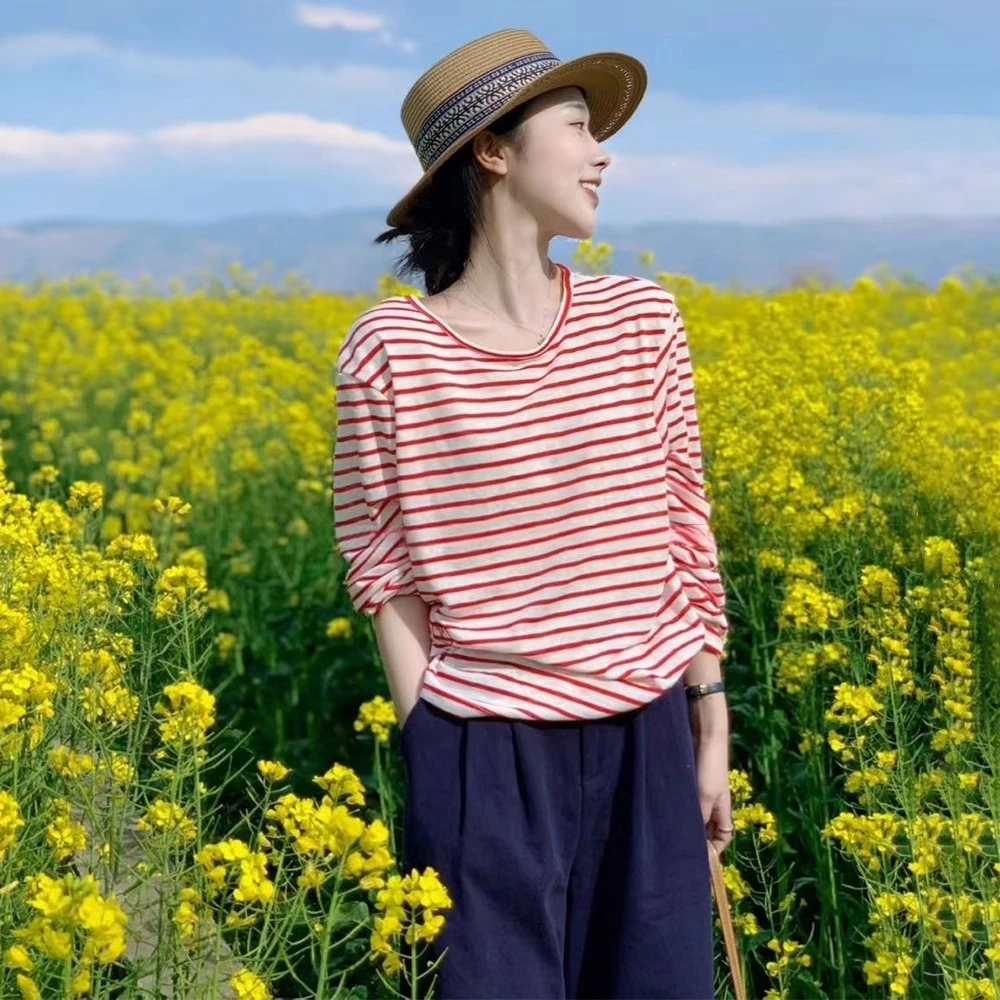 韩系红色条纹正肩长袖T恤女2025新款藏青色休闲裤套装