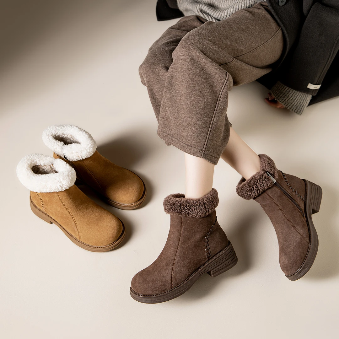 厚底复古冬季新款加绒加厚毛毛鞋保暖雪地靴防滑软底棉真皮棉靴女