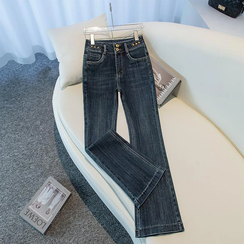 复古高腰微喇牛仔裤女秋冬2025年新款百搭修身显瘦秋季喇叭九分裤