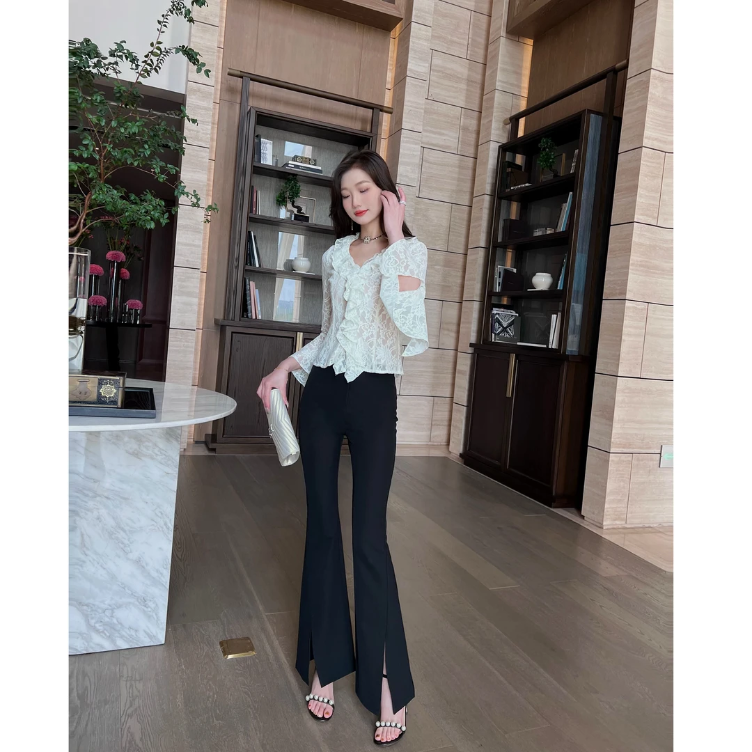 格润雅黑色裤子女秋季2025年新款气质高腰修身显瘦微喇叭开叉长裤