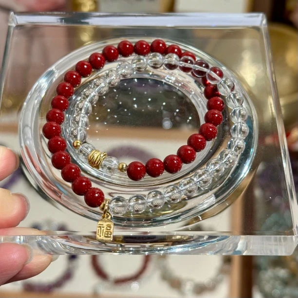 天然辰砂【守护】高含量紫金砂朱砂s925天然白水晶双圈手串手链