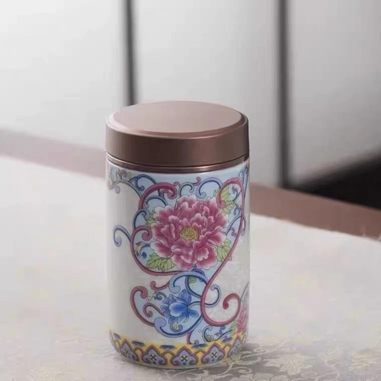 珐琅彩小茶叶罐便携茶盒锡合金盖迷你陶瓷密封罐旅行茶具TJ034