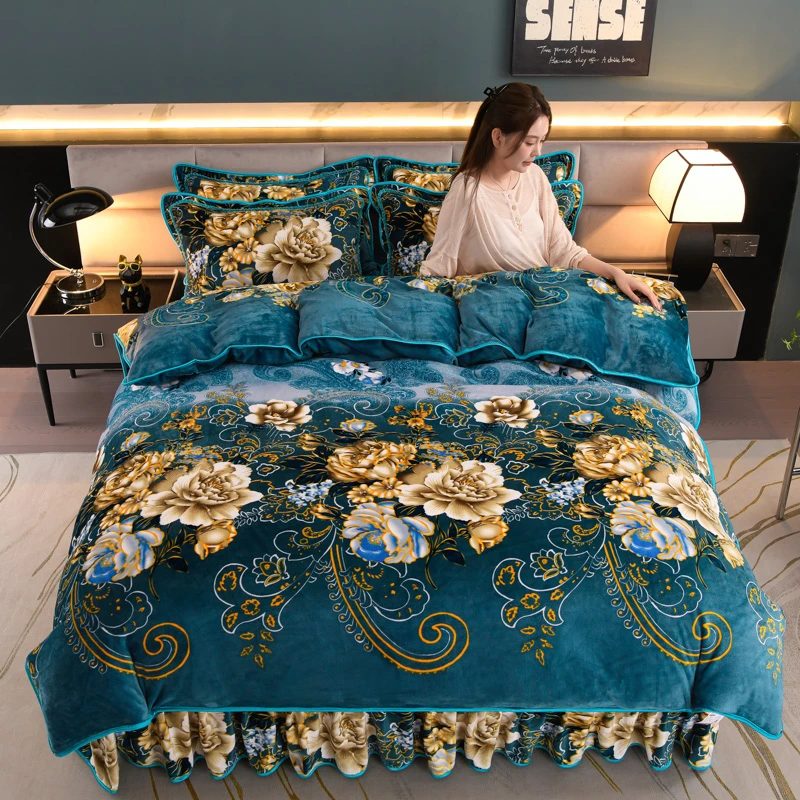 8-9斤加厚保暖高克重牛奶绒四件套床裙款不掉毛不起静电床上用品