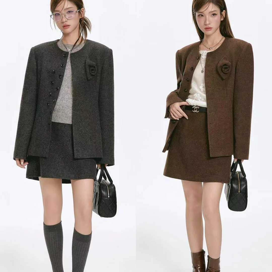 陈十五24早秋【曼城旧事】双色玫瑰花双排扣羊毛呢短外套复古优雅