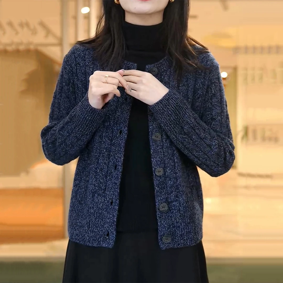 慵懒风麻花纹针织开衫女春秋装外搭圆领纯色上衣洋气宽松毛衣外套