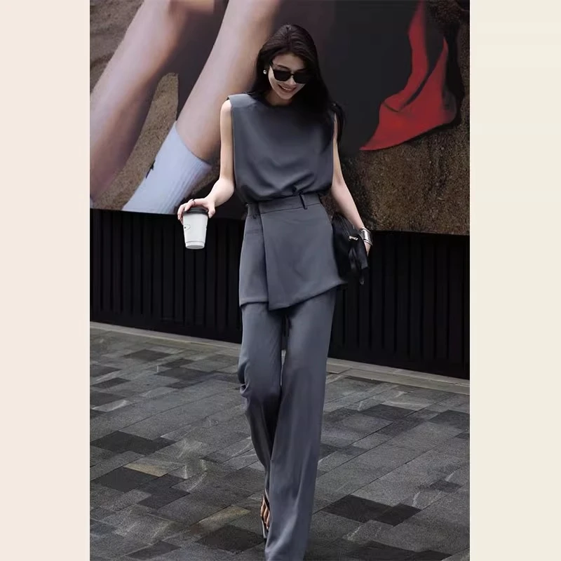 又酷又飒高级感套装女2025夏季新款超好看灰色马甲上衣长裤两件套