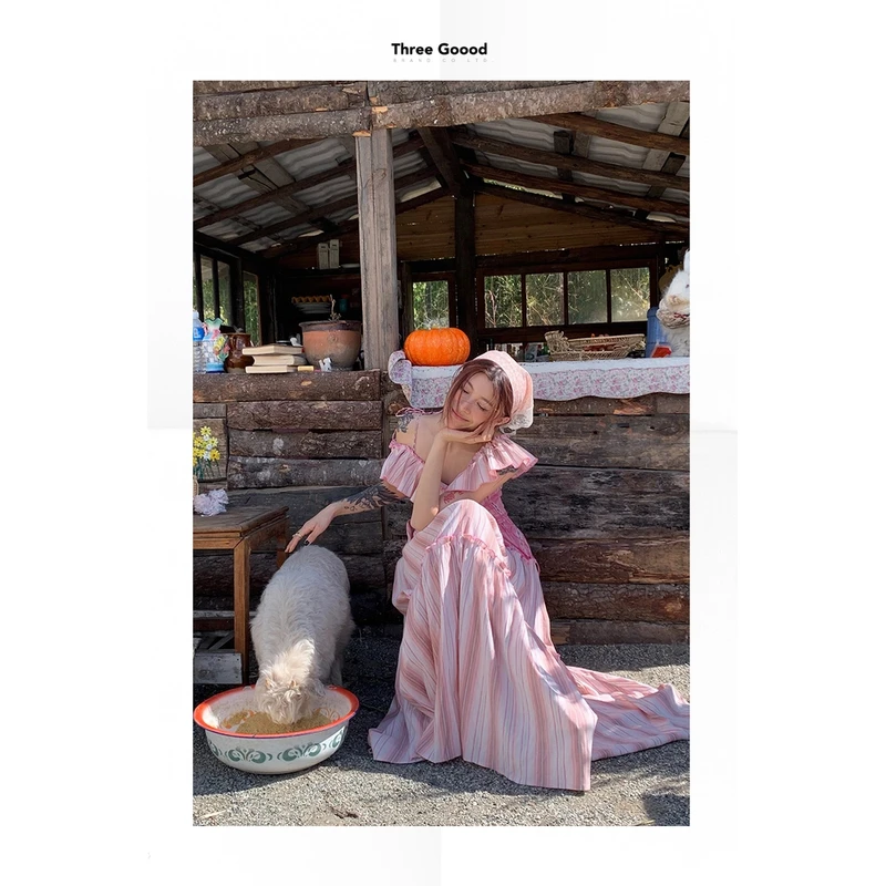 THREE GOOOD/三吉蔷薇庭院甜美风条纹拼接两穿连衣裙 SQ240213