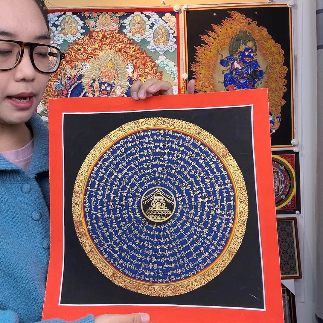 卷轴画纯手绘唐卡六字真言30厘米左右