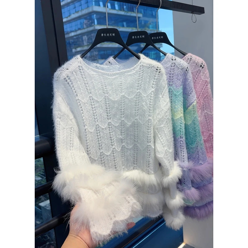 【孤品三色毛毛针织毛衣】新中式三色粉色白色紫色针织毛衣