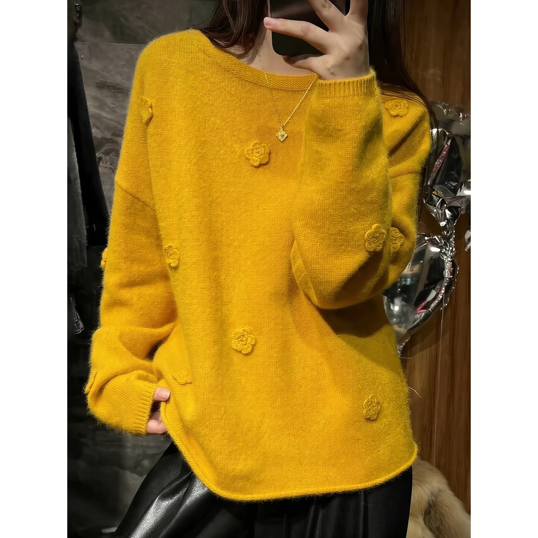 美爆了！重工手工立体钩花针织衫秋冬法式软糯圆领上衣小众毛衣女