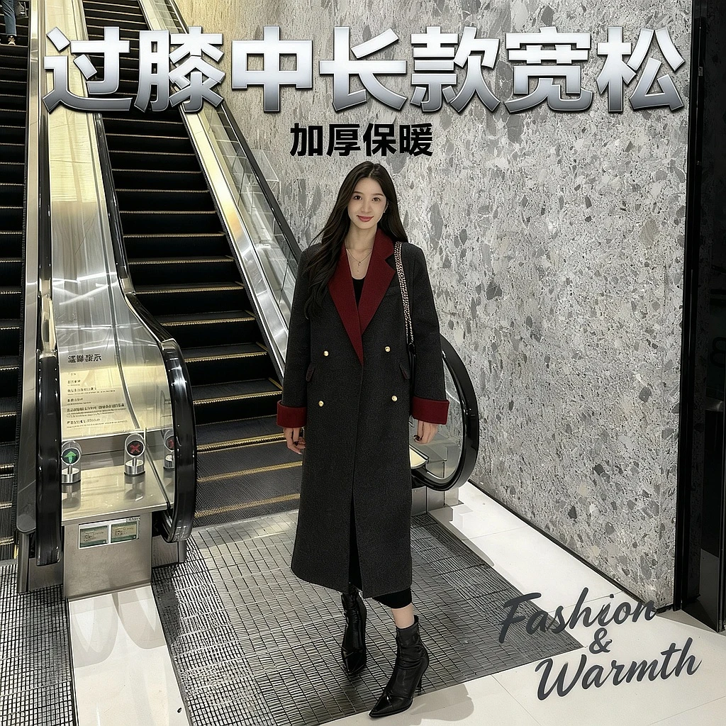 Liixu冬季撞色时尚宽松加厚过膝中长款90绒羽绒大衣L48YR024