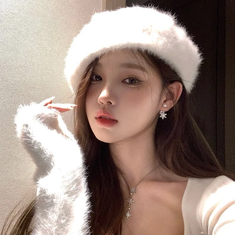 冬季浪漫~ 毛绒绒兔毛白色贝雷帽子女千金气质大头围画家帽显脸小