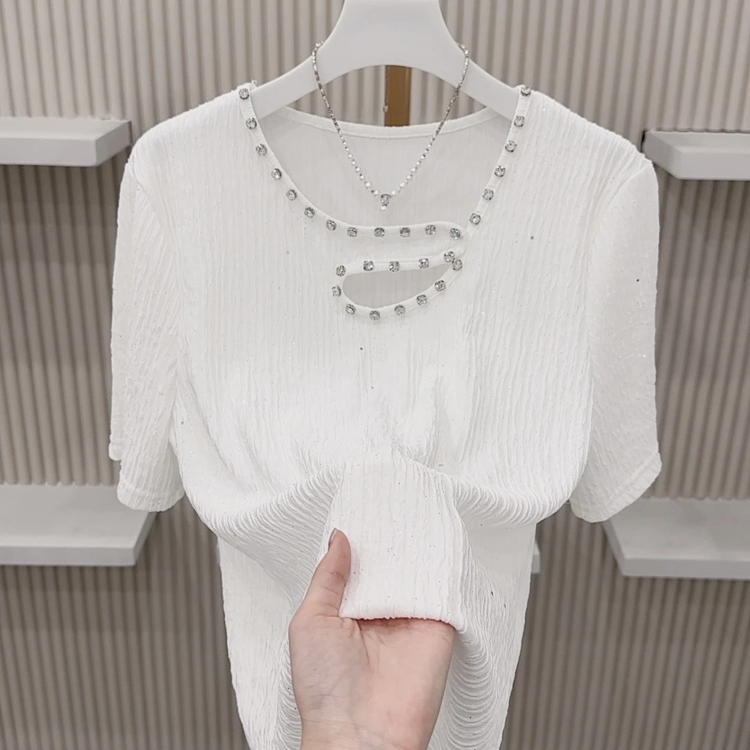 春季新款8025钉珠镂空设计V领大码宽松显瘦打底半袖短袖T恤