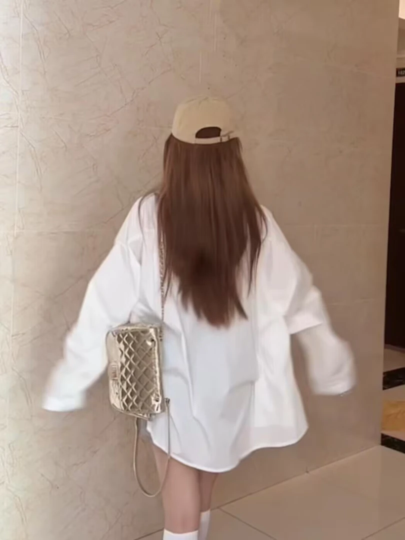 白色polo领衬衫女春慵懒休闲长袖上衣宽松外搭中长款防晒外套衬衣