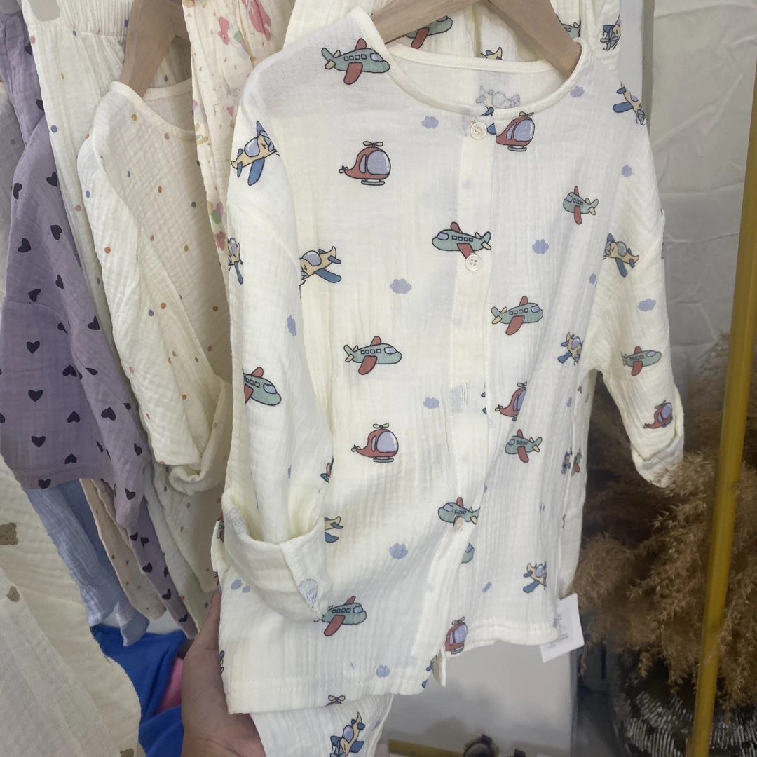 儿童家居服套装夏季棉纱布吸湿排汗男宝宝睡衣套装防蚊神器