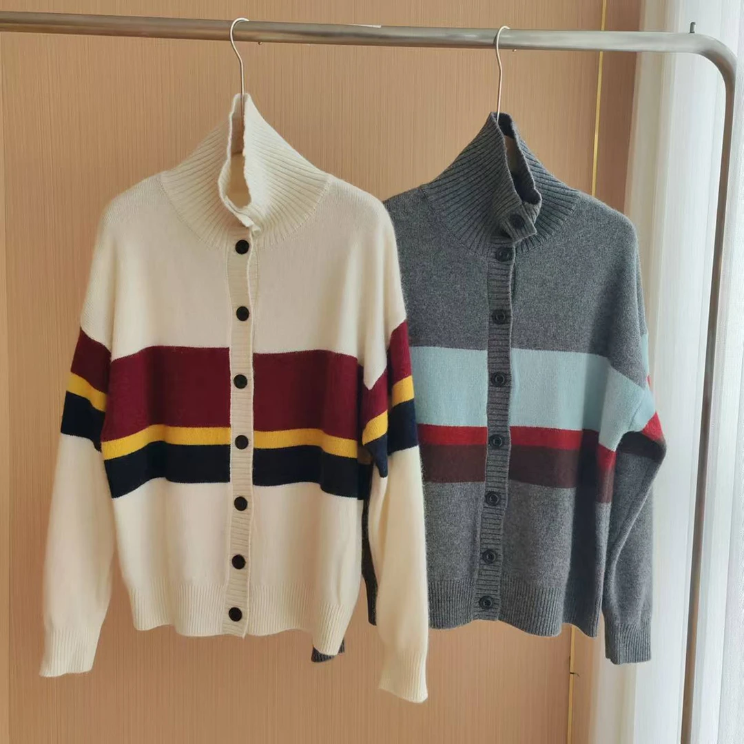 秋冬新款高领撞色开衫休闲羊毛衫 MJJMF-6207