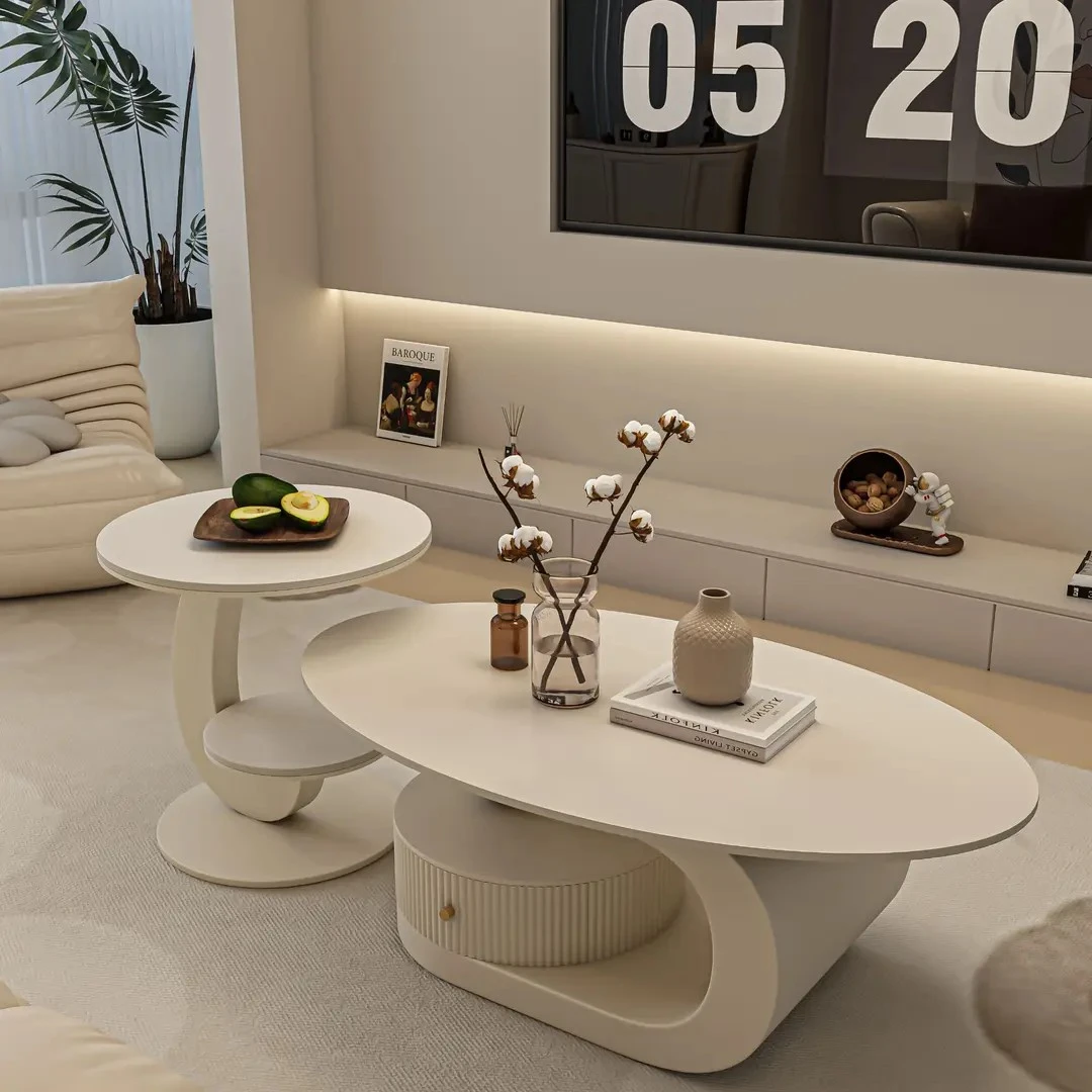 奶油风椭圆形耐刮耐磨岩板带抽屉茶几套装简约风小户型客厅茶几