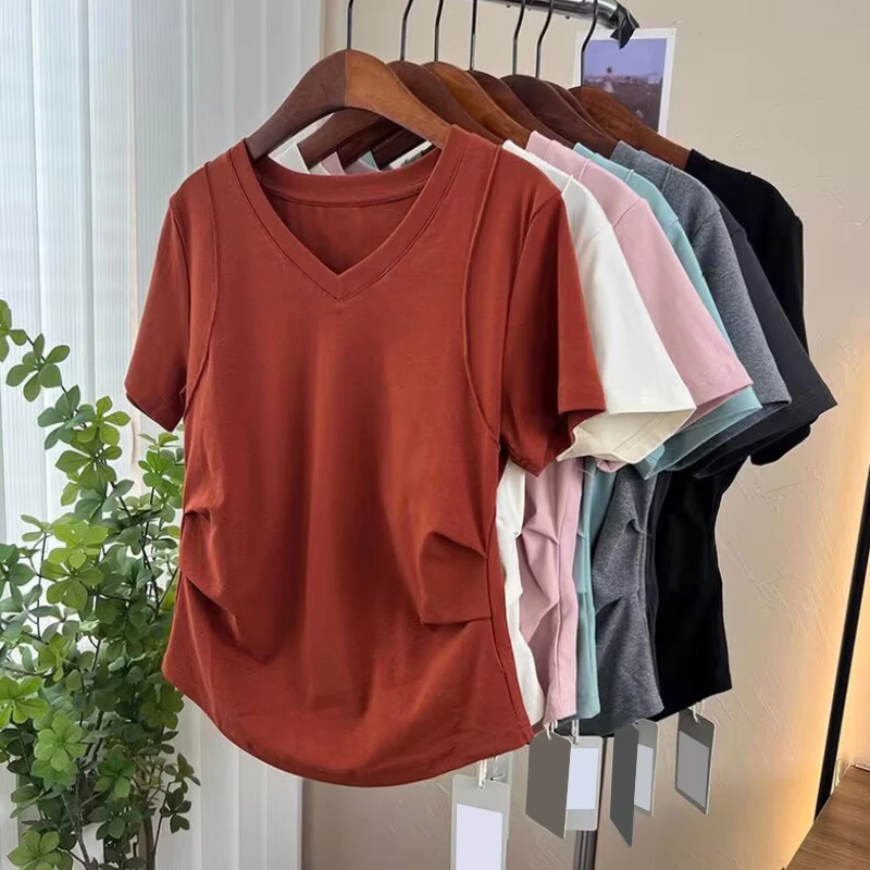 大码200斤气质纯欲风辣妹V领正肩掐腰显瘦百搭短袖t恤女上衣ins潮