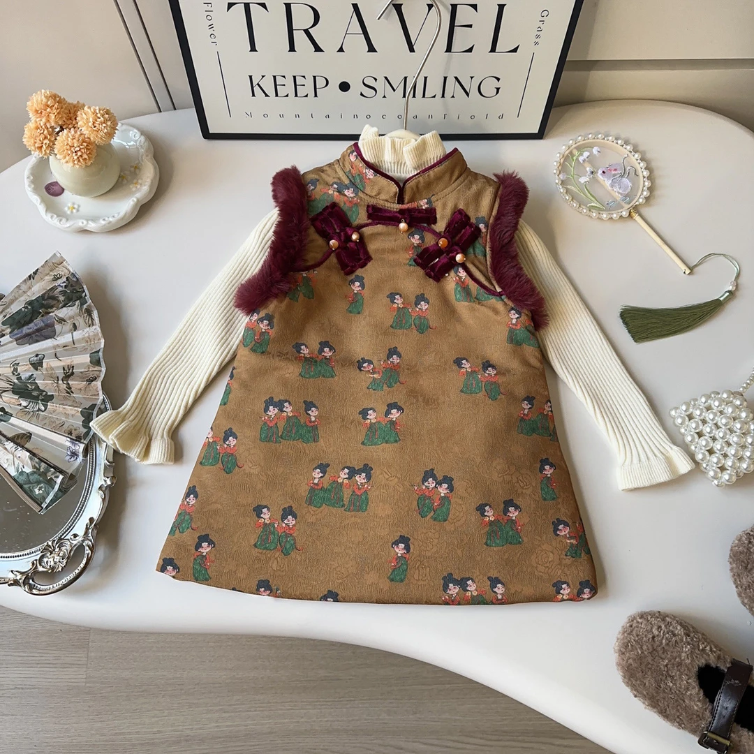 女童旗袍无袖连衣裙冬季新款女宝宝中国风汉服唐装背心裙AWA898