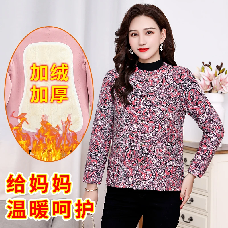 骆驼绒妈妈装冬季棉袄中老年女装加厚加绒保暖内穿外印花棉袄宽松