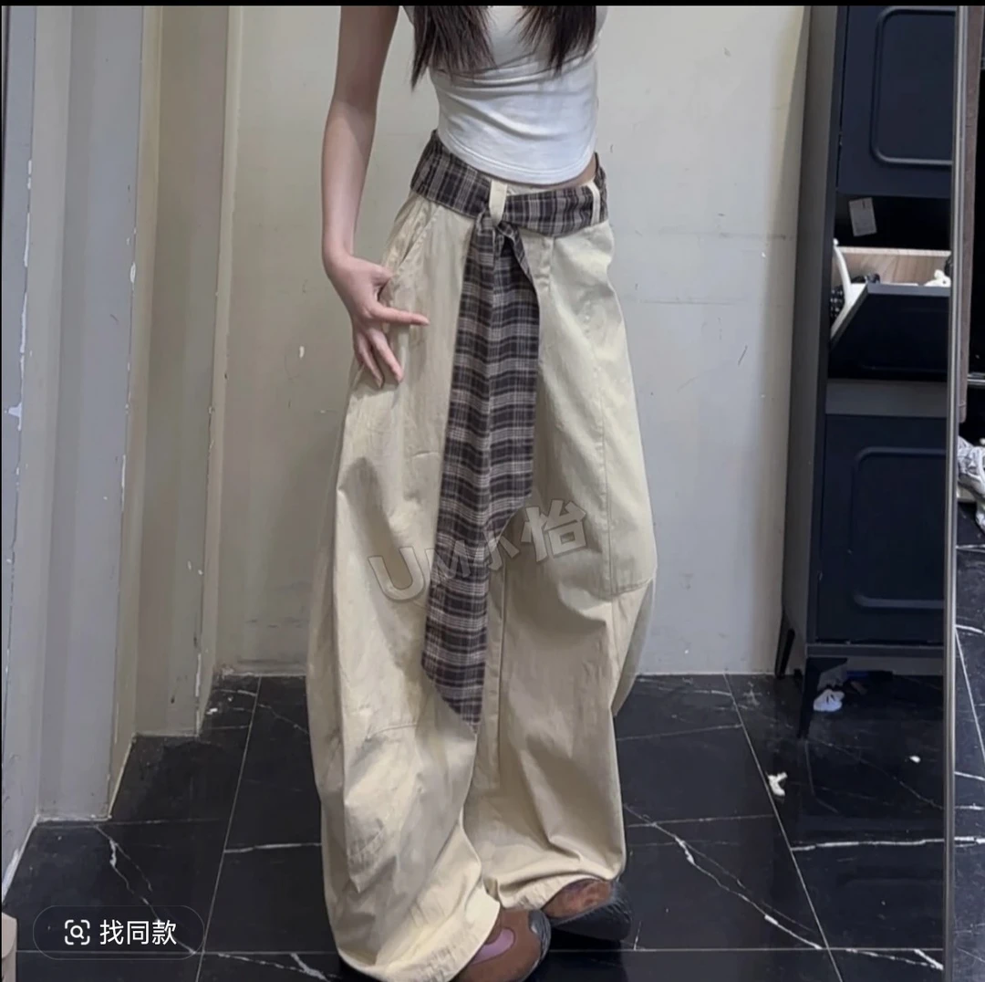 夏季新款女美式复古百搭设计感拼接格子松弛感宽松阔腿弯刀拖地裤