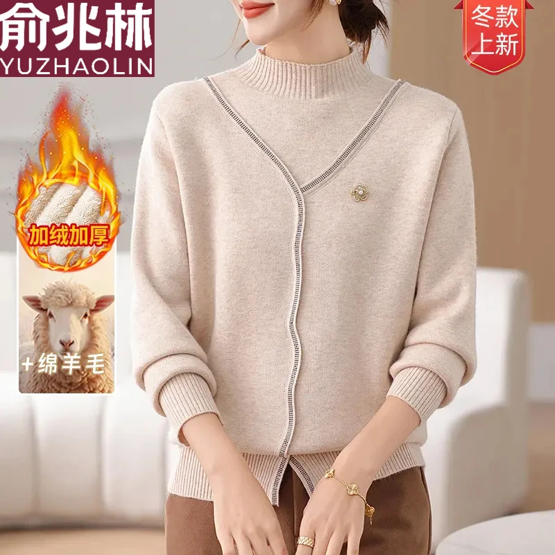 俞兆林冬季加绒加厚妈妈装新款时尚洋气百搭羊毛衫保暖打底内搭毛