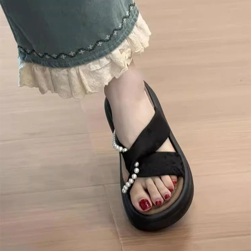 法式绝美配裙子凉拖鞋女夏外穿2025新款黑色厚底罗马女士半拖鞋子