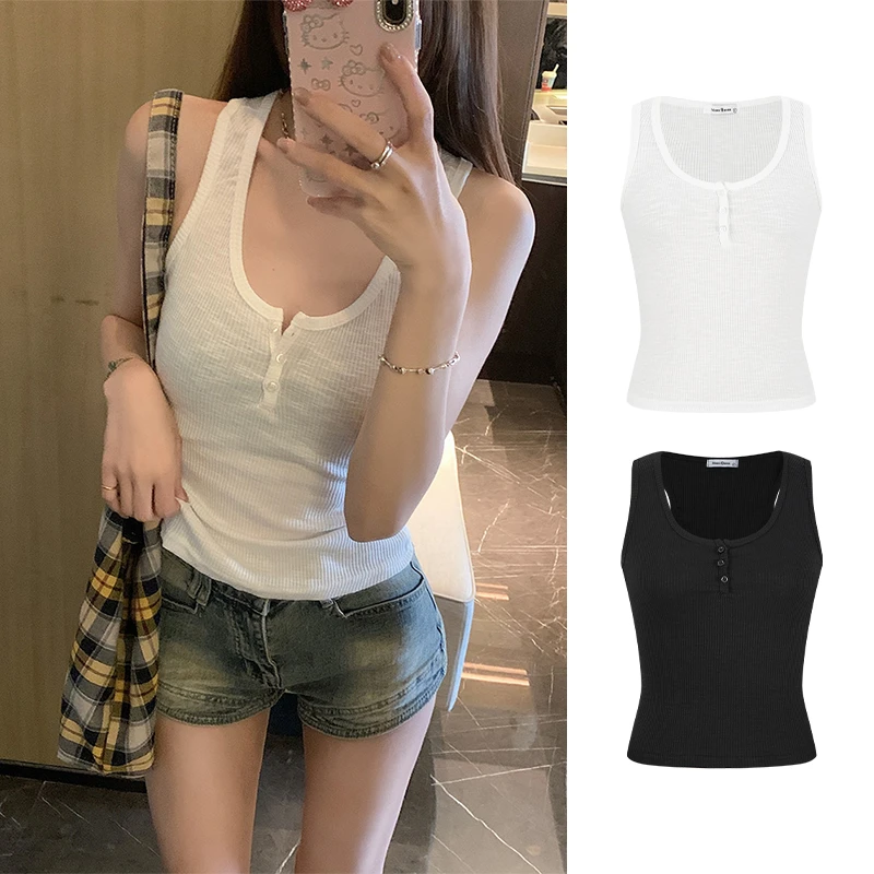 Moses Queen/魔西女王微透坑条纹方领排扣工字背心纯欲心机短上衣