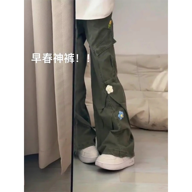 花朵刺绣工装裤女设计感褶皱伞兵微喇裤子大口袋弯刀阔腿裤