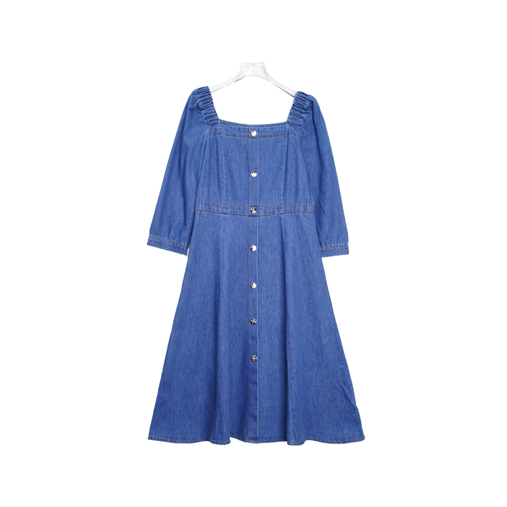 时尚法式方领收腰气质浅蓝色连衣裙E079