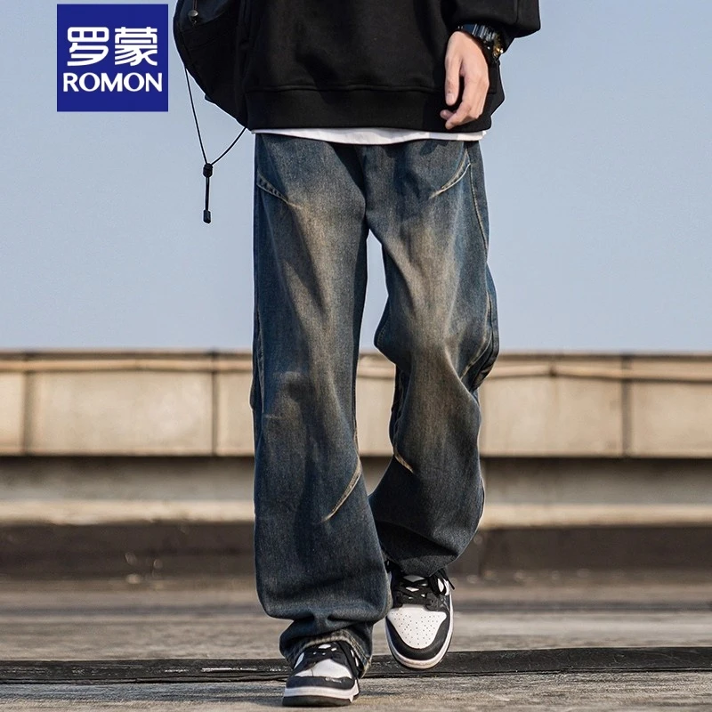 Romon/罗蒙复古牛仔裤男士新款潮牌宽松直筒vibe长裤休闲痞帅裤
