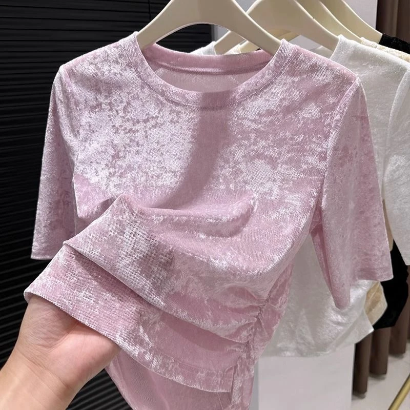 冰丝网纱短袖t恤女夏2025新款丝绒微透修身显瘦圆领内搭打底上衣