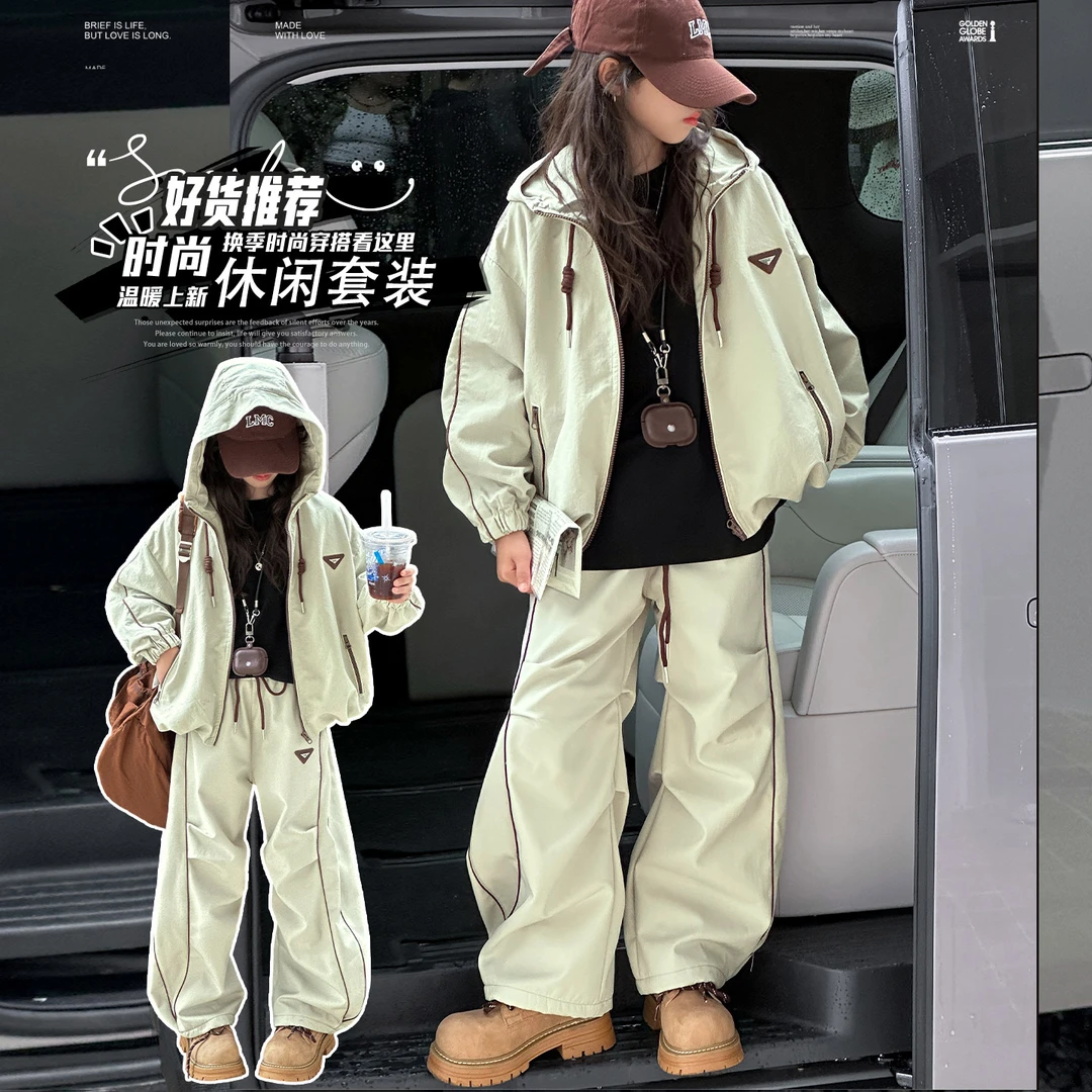 女童秋冬款套装韩版新款休闲连帽夹棉外套女中大童休闲两件套童装