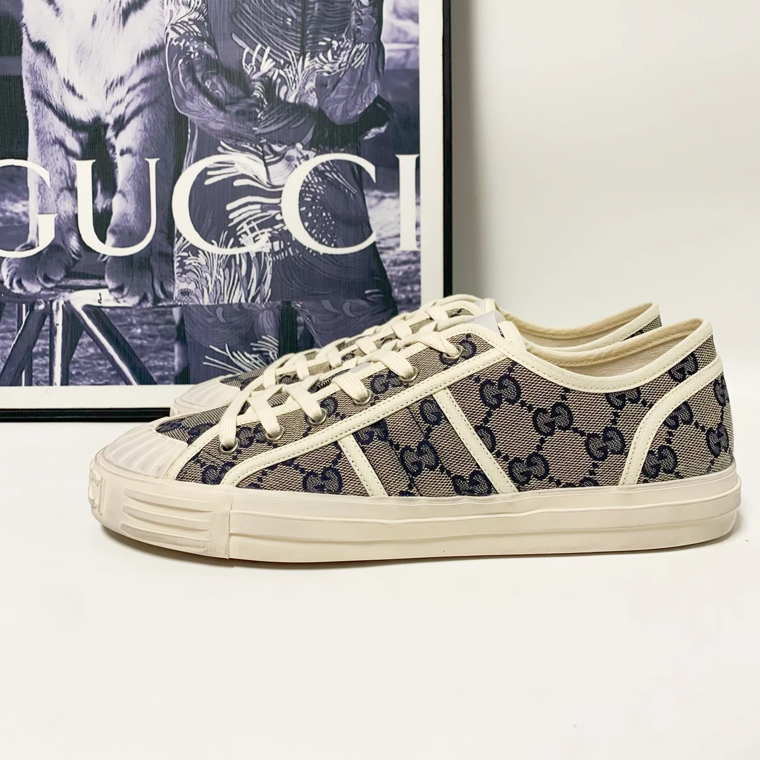 未使用 GUCCI/古驰 古驰Lido乌木色做旧蓝老花帆布板鞋夏季透气