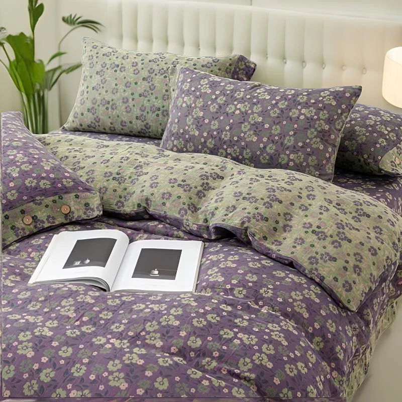 花间紫床单 纯棉双层纱精梳提花被套床单