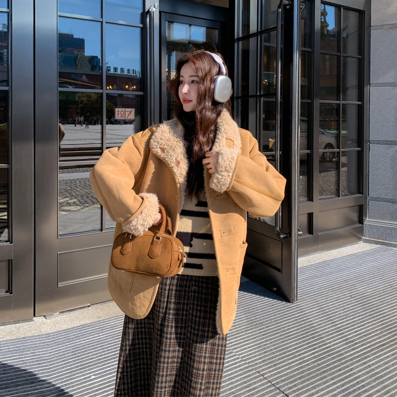 复古两面穿皮毛一体外套2025冬季新款氛围感韩系ins保暖加厚棉衣