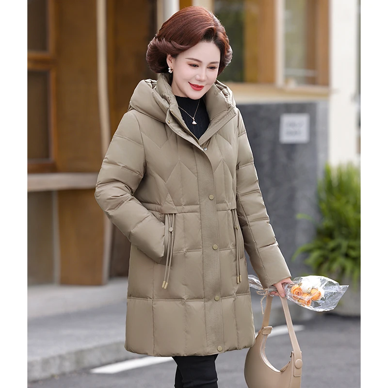 中老年妈妈羽绒服2025冬季新款时尚连帽加厚白鸭绒洋气中长款外套