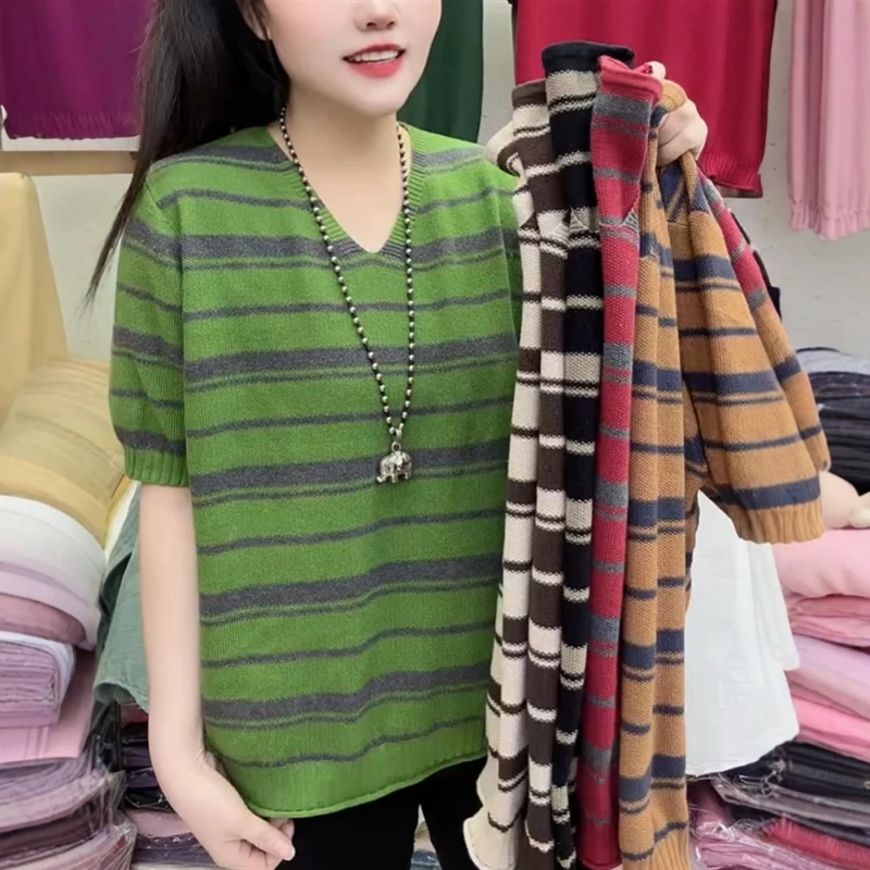 欧货2025夏季新款条纹V领短袖针织T恤女套头拼色宽松百搭休闲上衣