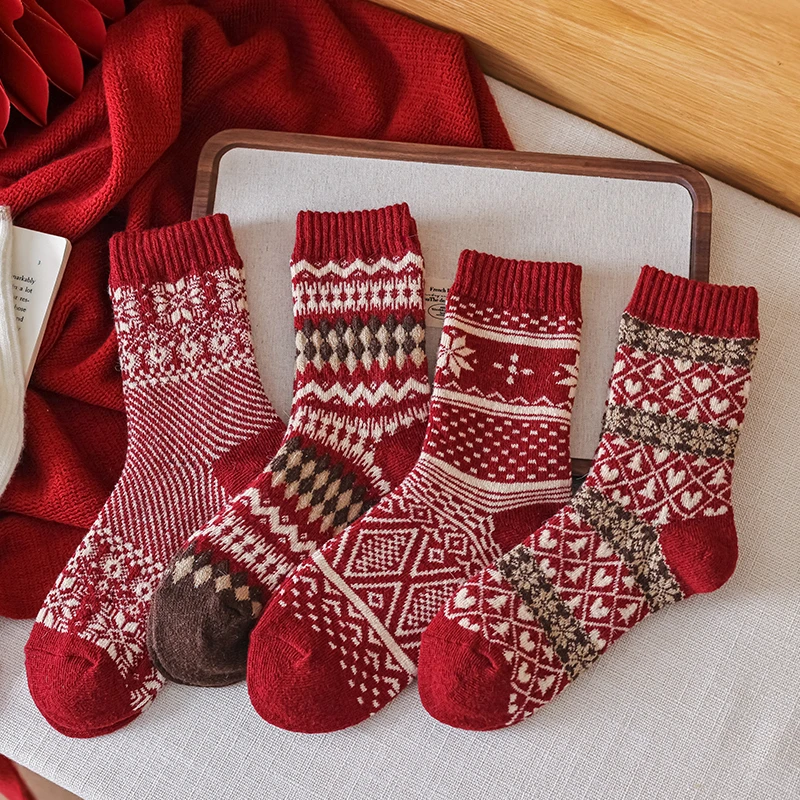 本命年红袜子女中筒袜秋冬加厚保暖喜庆结婚喜袜新年大红色羊毛袜