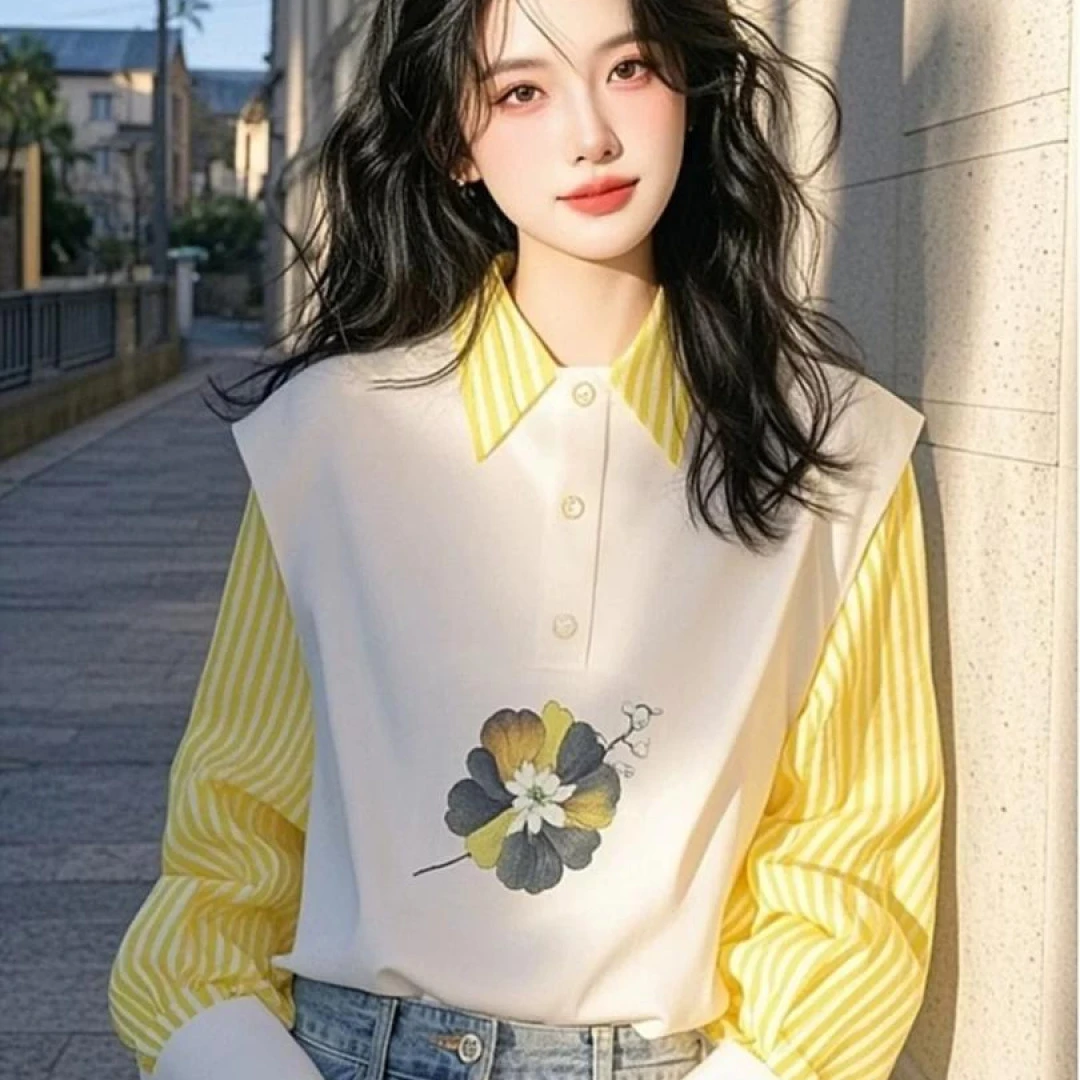 今年流行黄色条纹拼接印花衬衫女2025春季新款超好看独特漂亮衬衣