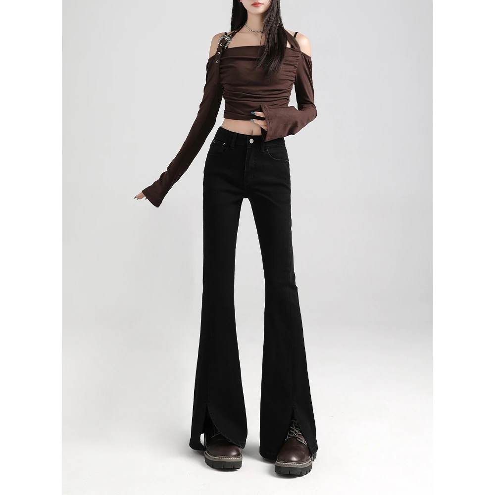 微喇牛仔裤女修身显瘦开叉牛仔微喇叭长裤83011