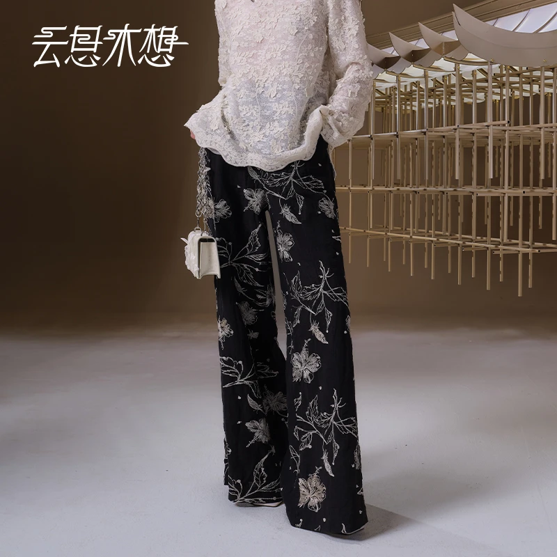 Ysimo-X云思木想 木棉花开 绣花后腰橡筋优雅阔腿休闲裤12934