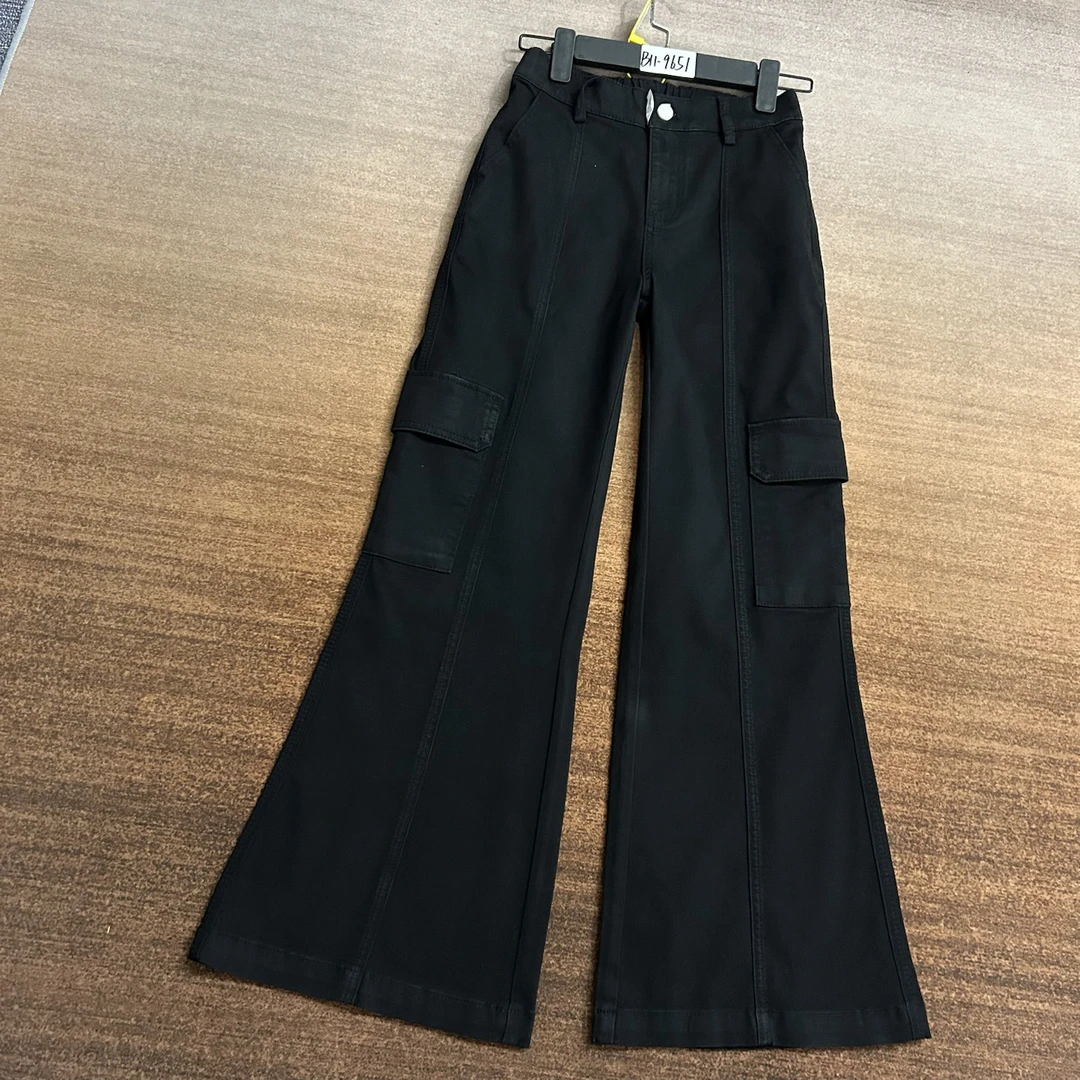 B11-9651 黑色小个子美式超酷拼接工装不贴腿喇叭裤 高弹（不换退）