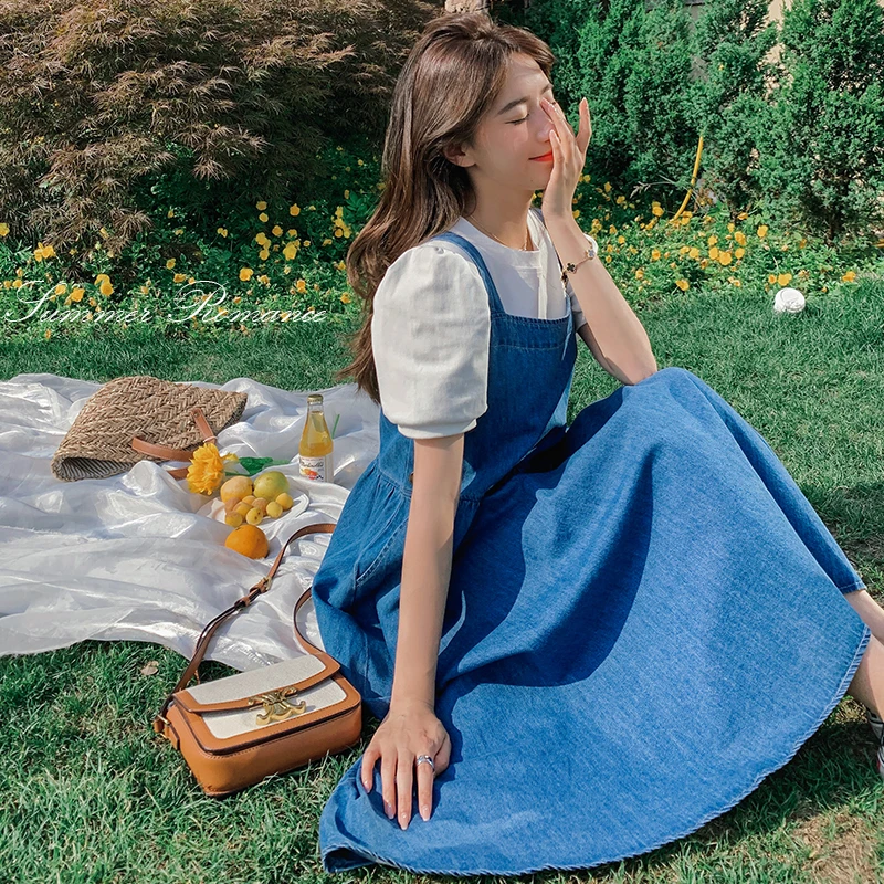 『柒糖专属』褶皱长裙无袖常规显瘦背带连衣裙时尚牛仔减龄背带裙