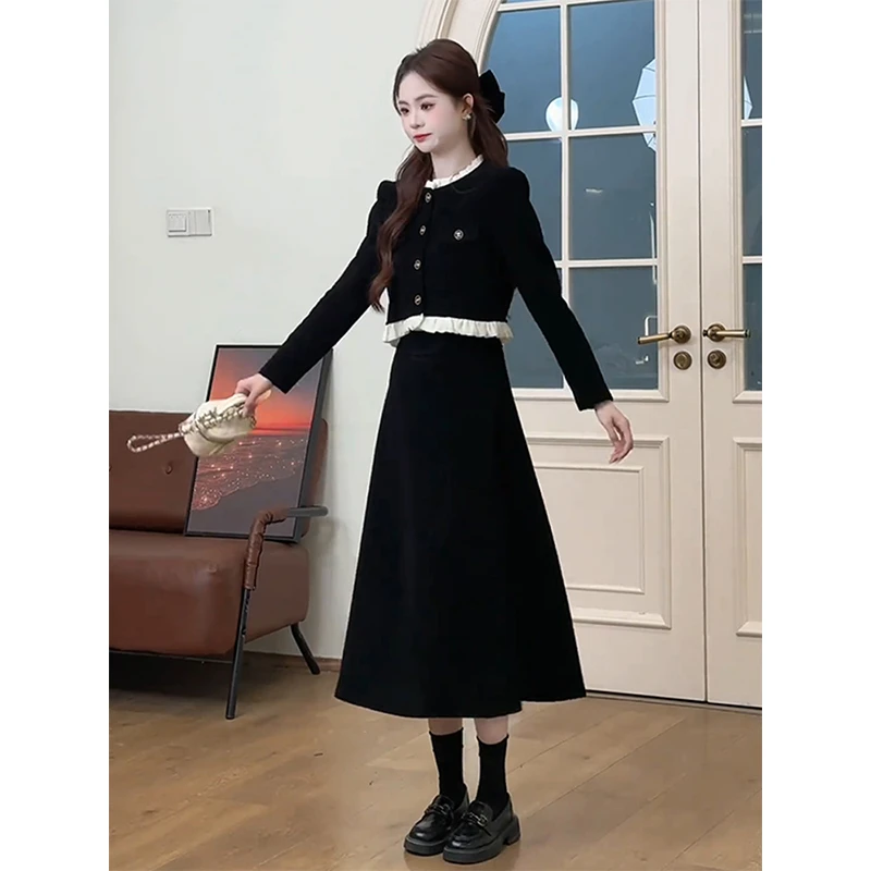 秋季大方得体穿搭超好看气质女神范高端小香风黑色上衣半身裙套装