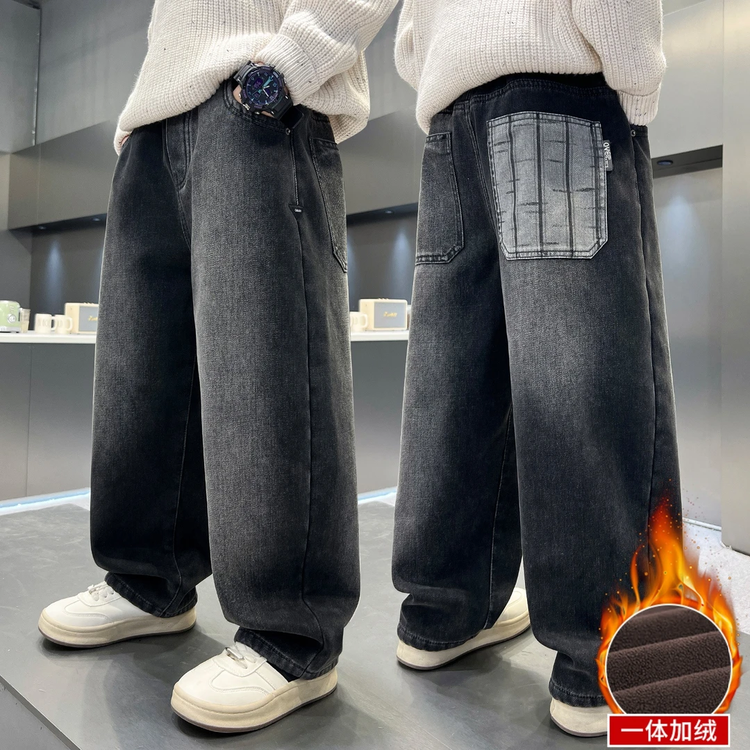 男童加绒牛仔裤2025新款儿童一体绒裤子中大童冬季加厚男孩休闲裤
