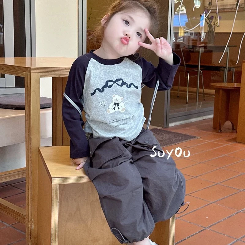 小颜颜2025女孩韩版女童小童卡通小熊修身长袖T恤棉布工装裤
