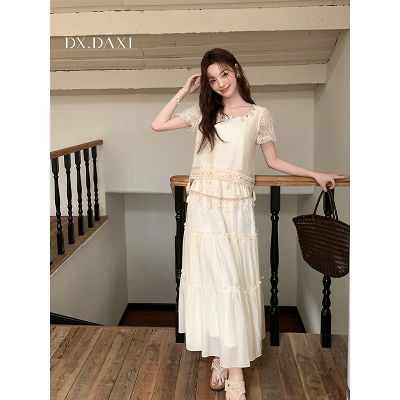 代大喜【芙洛拉】波西米亚套装2025夏季新款拼接重工气质轻奢两件套